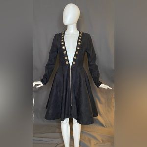 Black Microsuede swing coat/dress. Deep, open neckline